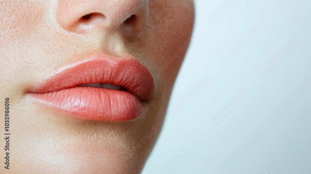 Obraz premium A delicate focus on pink lipstick applied on soft, smooth skin showcasing the natural and gentle aesthetic of minimalist makeup in contemporary beauty fashion.