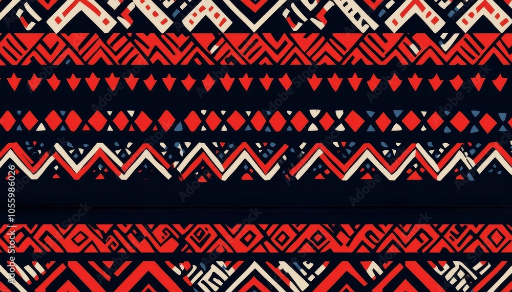 Colorful tribal pattern featuring bold geometric shapes and vibrant hues for creative projects. Colorful tribal pattern featuring bold geometric shapes and vibrant hues for creative projects.