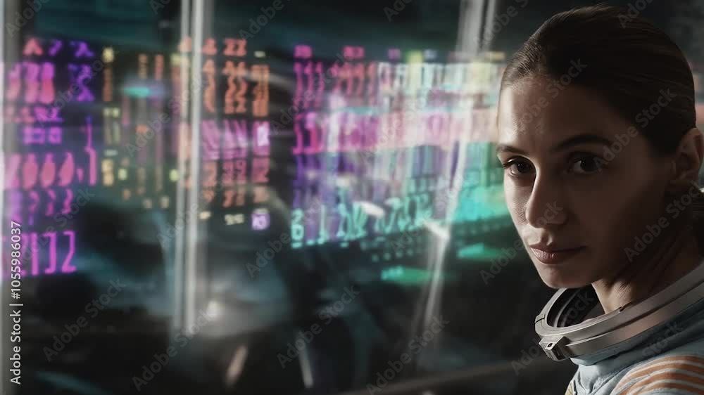 A portrait of a Woman, Female Astronaut Looking at Data in Sci-Fi Concept Setting, Holograms A portrait of a Woman, Female Astronaut Looking at Data in Sci-Fi Concept Setting, Holograms