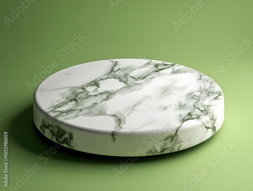 Round marble podium on green background.