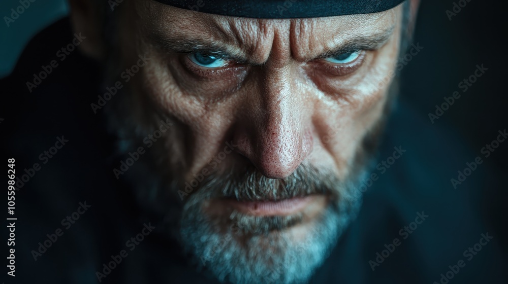A powerful portrait of a mature man with striking eyes and rugged features, radiating intensity and determination in a sharply detailed and textured image. A powerful portrait of a mature man with striking eyes and rugged features, radiating intensity and determination in a sharply detailed and textured image.