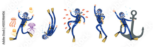 Diving Man Character in Blue Suit with Flippers Vector Set