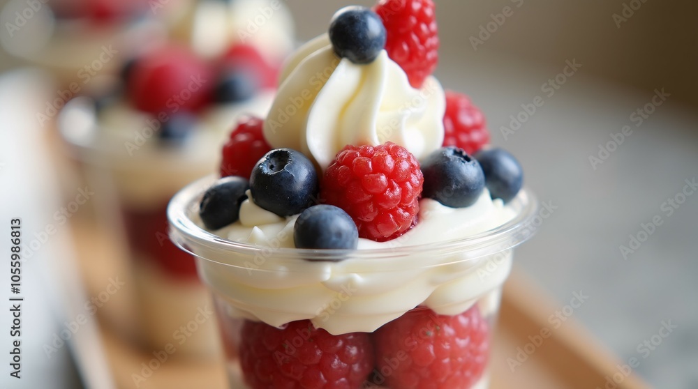 Delicious whipped cream dessert layered with fresh berries. Delicious whipped cream dessert layered with fresh berries.