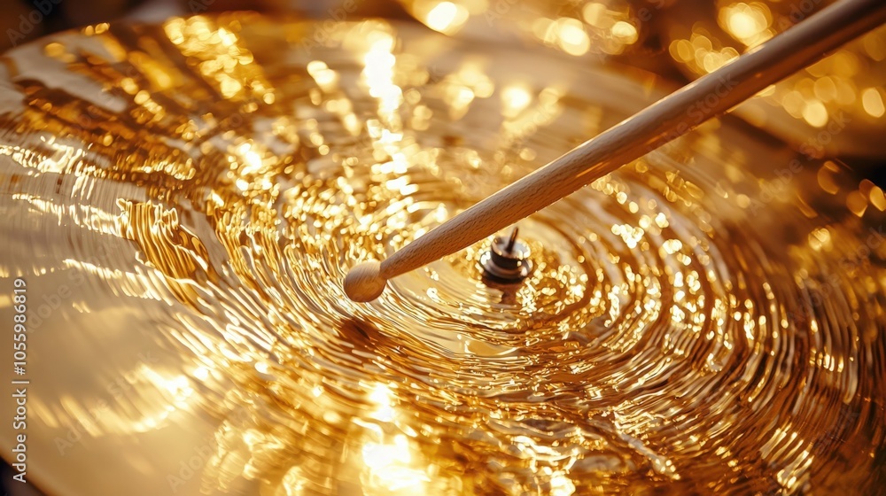 A drummer striking a cymbal, creating ripples of sound and light during a performance A drummer striking a cymbal, creating ripples of sound and light during a performance