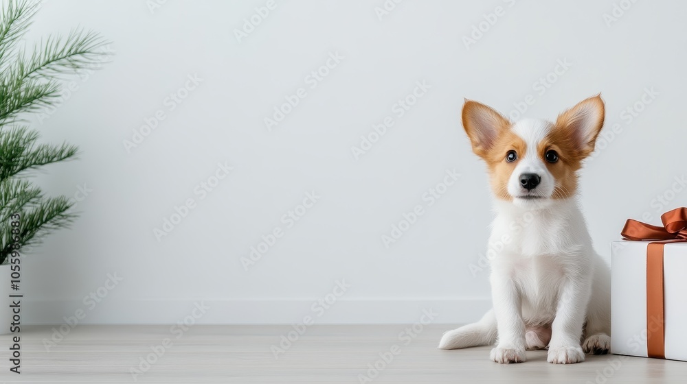A playful puppy sits beside a brightly wrapped gift box, capturing the essence of joy and playfulness in a special moment, nourishing innocence, love, and spontaneity. A playful puppy sits beside a brightly wrapped gift box, capturing the essence of joy and playfulness in a special moment, nourishing innocence, love, and spontaneity.