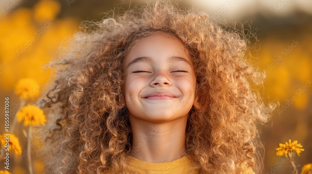 A young girl with curly hair enjoys a serene moment smiling blissfully in a field full of bright flowers, capturing the essence of carefree childhood and joy. A young girl with curly hair enjoys a serene moment smiling blissfully in a field full of bright flowers, capturing the essence of carefree childhood and joy.