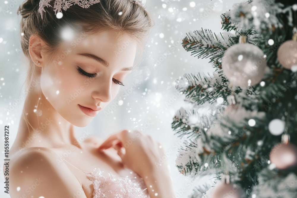 graceful ballerina dancer in soft pink costume, standing next to a Christmas tree, surrounded by sparkling snowflakes, minimal background with copy space graceful ballerina dancer in soft pink costume, standing next to a Christmas tree, surrounded by sparkling snowflakes, minimal background with copy space