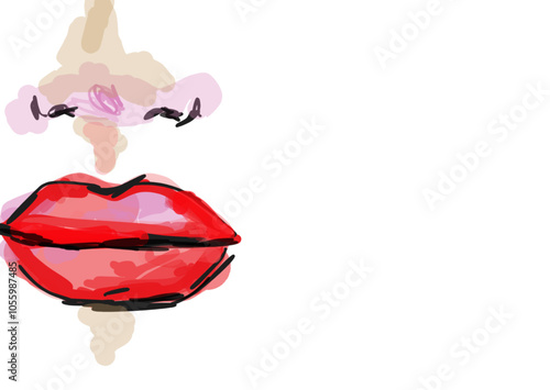 Cartolina Parte viso donna Labbra rosse Illustrazione disegnata a mano Soft collection