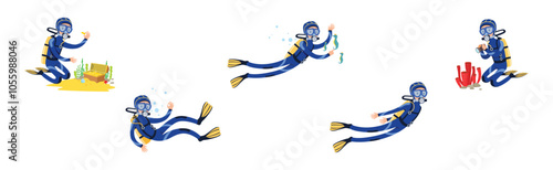 Diving Man Character in Blue Suit with Flippers Vector Set
