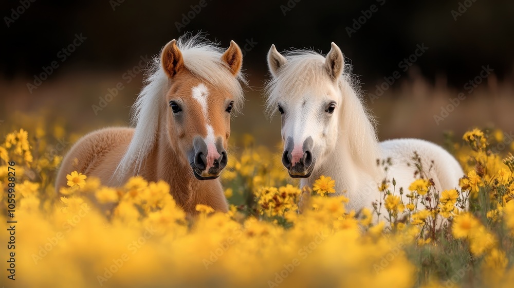 Two young foals are nestled together amidst a sea of vibrant yellow meadow flowers, capturing the innocence and playfulness of youth in their serene landscape. Two young foals are nestled together amidst a sea of vibrant yellow meadow flowers, capturing the innocence and playfulness of youth in their serene landscape.