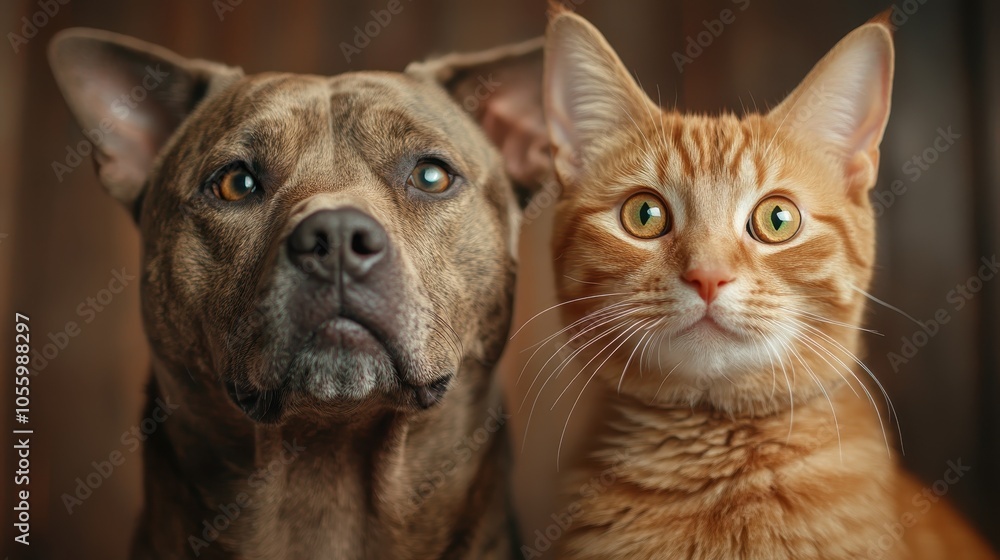 A curious ginger cat and a loyal brown dog sit side by side, both gazing intently, embodying companionship and peaceful coexistence in a cozy interior setting. A curious ginger cat and a loyal brown dog sit side by side, both gazing intently, embodying companionship and peaceful coexistence in a cozy interior setting.