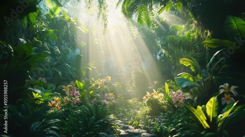Wallpaper Mural lush jungle bursting with life, sunlight streams through the dense canopy, illuminating vibrant foliage and exotic plants, creating a serene and enchanting atmosphere filled with nature's beauty Torontodigital.ca