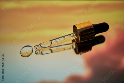 Fototapeta Naklejka Na Ścianę i Meble -  A pipette with facial serum against a sunset background in bright orange tones.