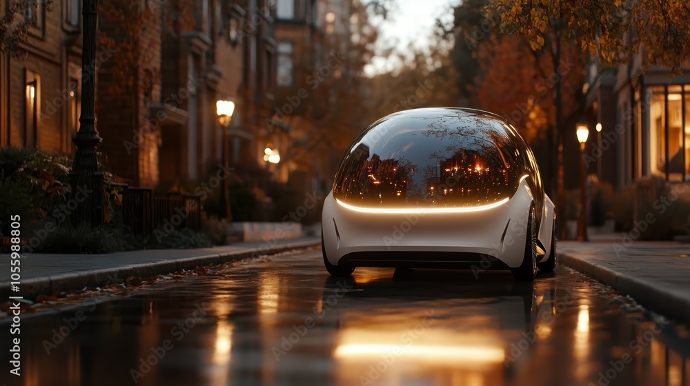 A futuristic car with sleek, reflective design rests motionless on a serene urban street, capturing the ambient glows of street lights as dusk sets in the background. A futuristic car with sleek, reflective design rests motionless on a serene urban street, capturing the ambient glows of street lights as dusk sets in the background.