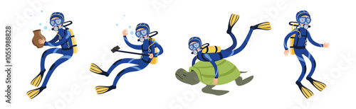Diving Man Character in Blue Suit with Flippers Vector Set