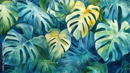 Wallpaper Mural lush tropical leaves in vibrant watercolor, creating a rich and exotic background, filled with greens and blues, offering a refreshing and lively atmosphere Torontodigital.ca