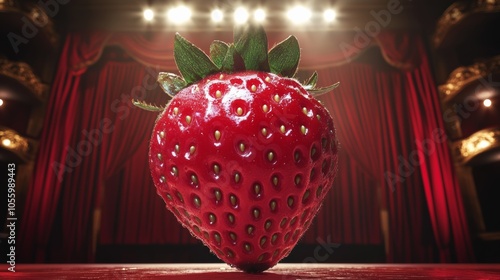 Large ripe strawberry spotlighted on a theater stage with dramatic red curtains and illuminated balcony seating. photo