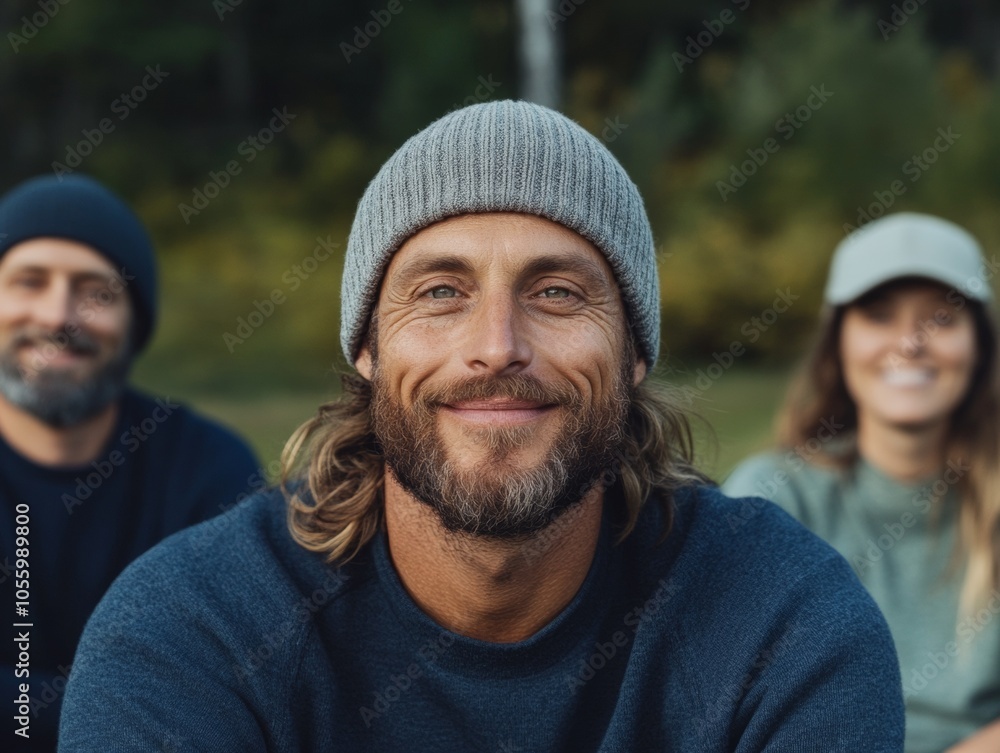 Smiling Man in Beanie with Friends Sitting Outdoors in Nature Smiling Man in Beanie with Friends Sitting Outdoors in Nature