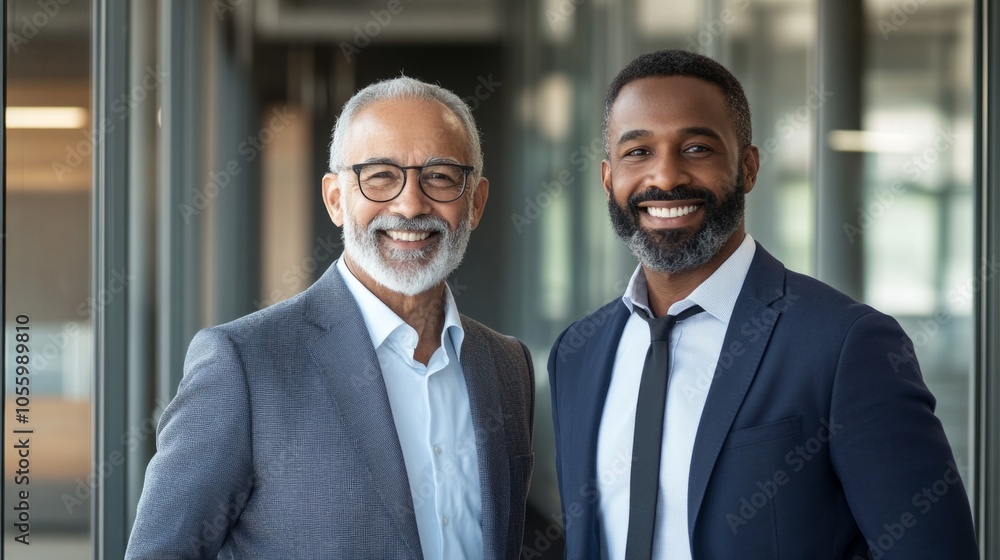 Two men in suits and ties are smiling for the camera Two men in suits and ties are smiling for the camera