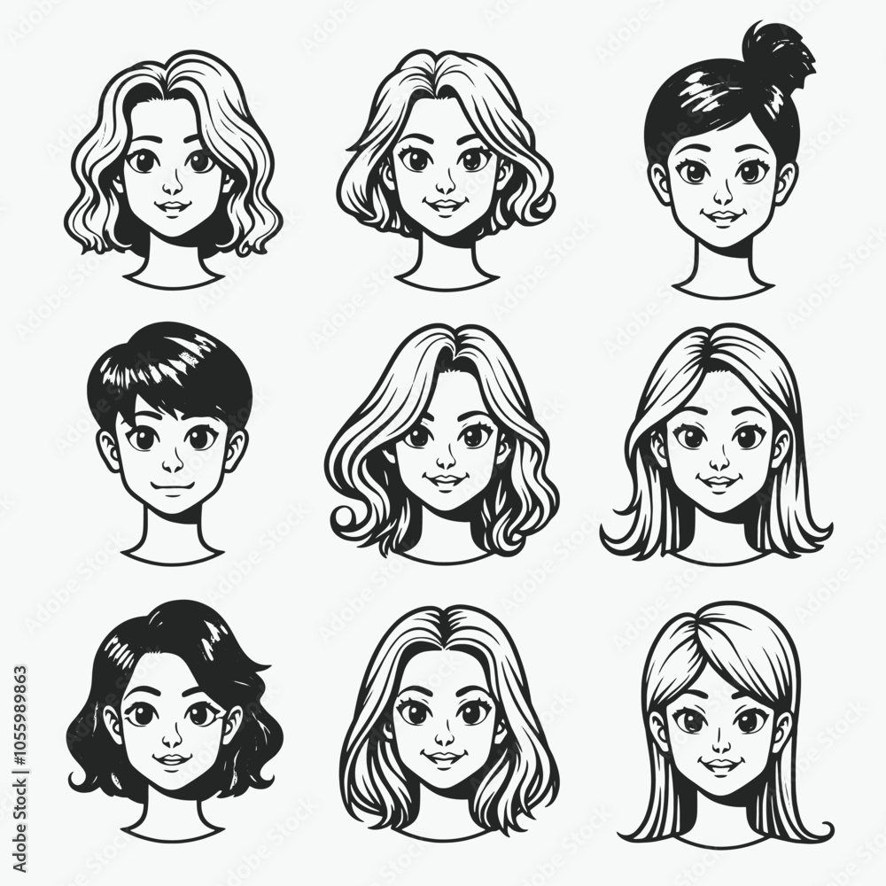 Silhouettes of people with various hairstyles and profiles, vector black color silhouette, isolated white background Silhouettes of people with various hairstyles and profiles, vector black color silhouette, isolated white background