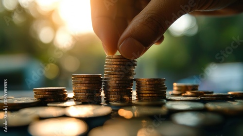 Hand stacking coins during sunset