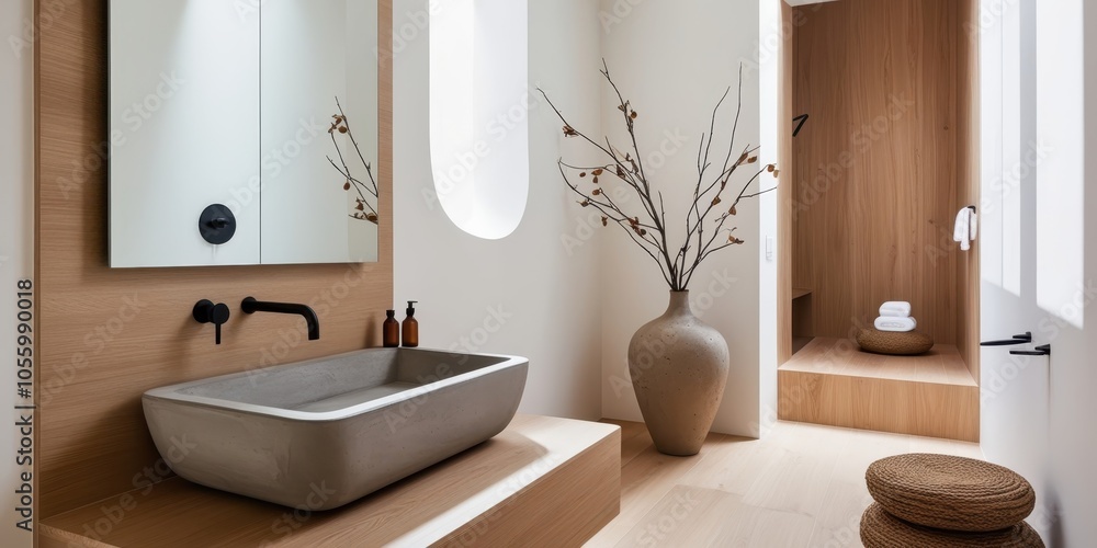 Modern minimalist bathroom, rectangular mirror, vessel sink, wood accent wall, natural branches in vase, neutral tones, clean lines, zen aesthetic, contemporary design, sleek faucet, marble countertop Modern minimalist bathroom, rectangular mirror, vessel sink, wood accent wall, natural branches in vase, neutral tones, clean lines, zen aesthetic, contemporary design, sleek faucet, marble countertop