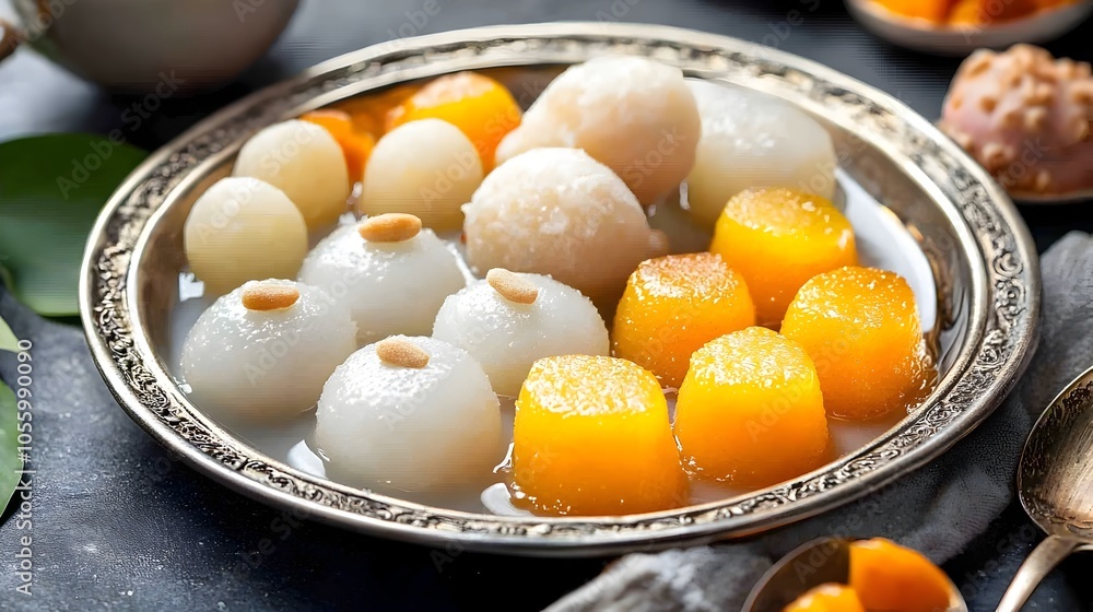 A beautifully arranged silver tray showcasing a variety of traditional Thai dessert elements including colorful tapioca pearls fragrant jackfruit slices and crisp water chestnuts in a sweet A beautifully arranged silver tray showcasing a variety of traditional Thai dessert elements including colorful tapioca pearls fragrant jackfruit slices and crisp water chestnuts in a sweet