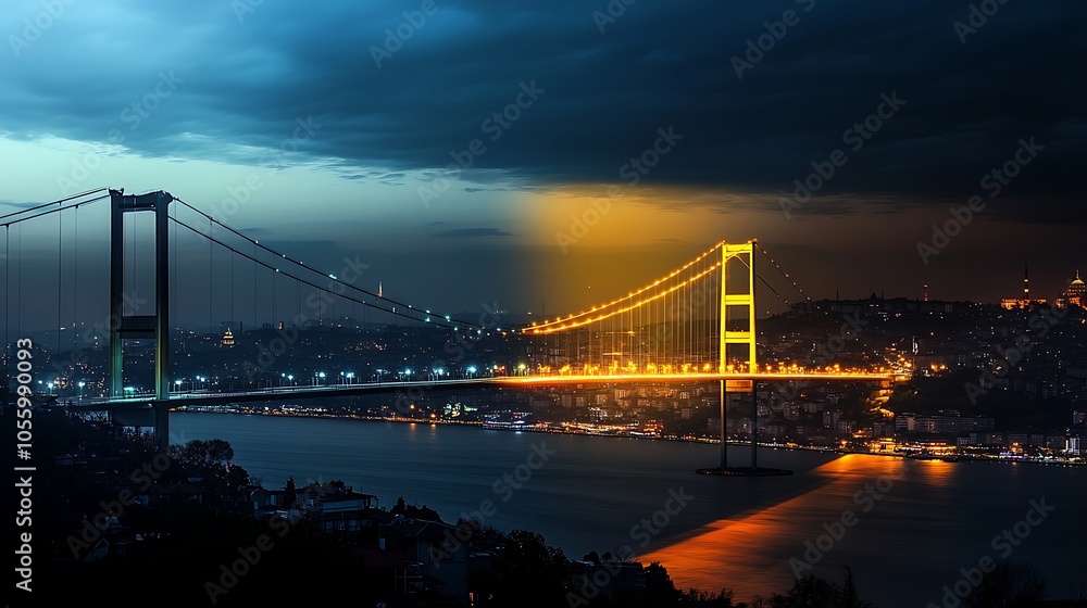 Glowing Bridge Spanning a River at Dusk Glowing Bridge Spanning a River at Dusk