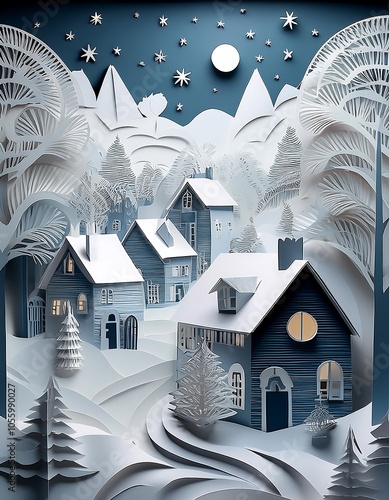 Cozy winter neighborhood featuring layered paper cutout houses and trees in a snowy landscape under a starlit sky. Generative AI