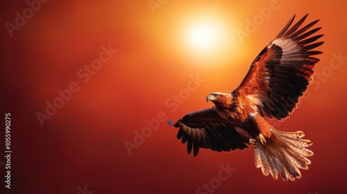 A majestic golden eagle boldly soars with outstretched wings, backlit by a radiant sunset, epitomizing freedom and strength in a vibrant sky expanse.