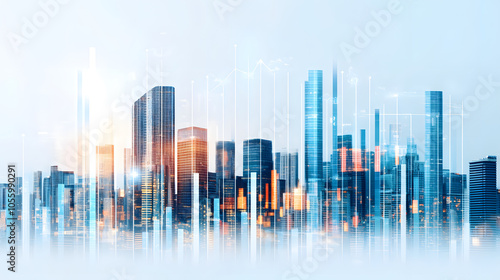 Futuristic cityscape with digital overlay and glowing elements, showcasing innovation and