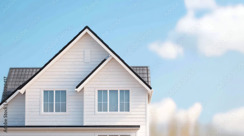 Modern white house with intricate roof design against a clear blue sky, showcasing contemporary architecture and a peaceful atmosphere. Modern white house with intricate roof design against a clear blue sky, showcasing contemporary architecture and a peaceful atmosphere.