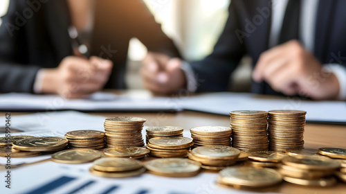 family discussing their savings plan with gold coins on table