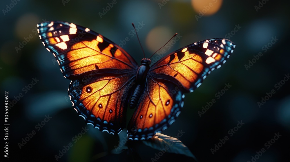 Fototapeta premium Beautiful monarch butterfly perched on a leaf at dusk with glowing orange wings