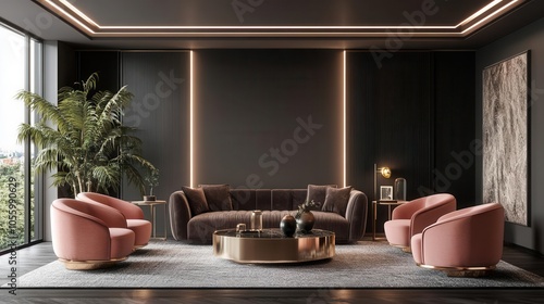 luxurious master living room in shades of dark gray with rose pink chairs and gold accents, featuring a minimalist design and a blank wall ready for art or wallpaper