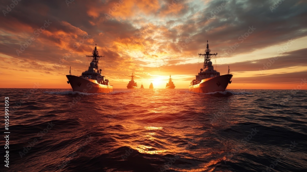 A fleet of warships sails through an open ocean during a spectacular sunset, representing power, majesty, and the serene blend of nature and technology. A fleet of warships sails through an open ocean during a spectacular sunset, representing power, majesty, and the serene blend of nature and technology.