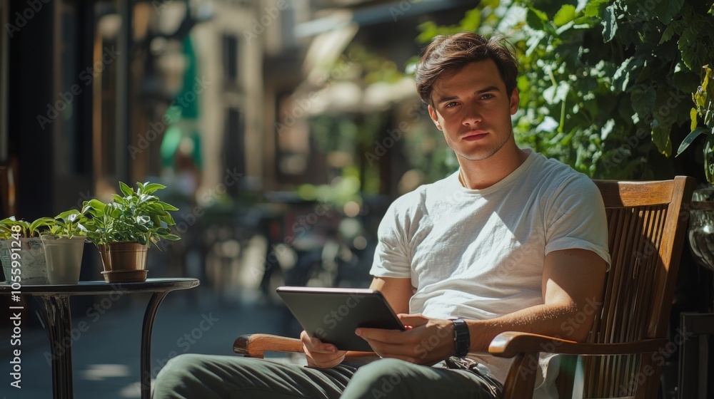 A young man sits comfortably at a cafe on a bright day, engaged with his tablet. He is surrounded by potted plants, reflecting a relaxed atmosphere in an urban setting. A young man sits comfortably at a cafe on a bright day, engaged with his tablet. He is surrounded by potted plants, reflecting a relaxed atmosphere in an urban setting.