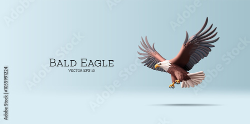 Realistic bald eagle, hunting, flying, 3D. Image of a wild eagle on a blue background. A wild bird of prey. Vector illustration.
