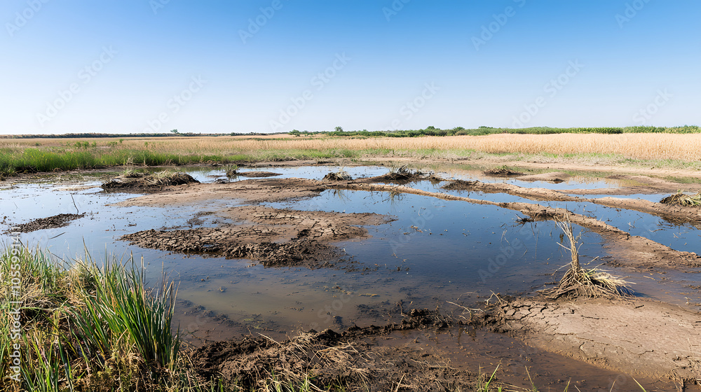 wetland scene with water puddles, patches of mud, and grass under a clear blue sky, representing a natural habitat and ecosystem in a rural setting. wetland scene with water puddles, patches of mud, and grass under a clear blue sky, representing a natural habitat and ecosystem in a rural setting.