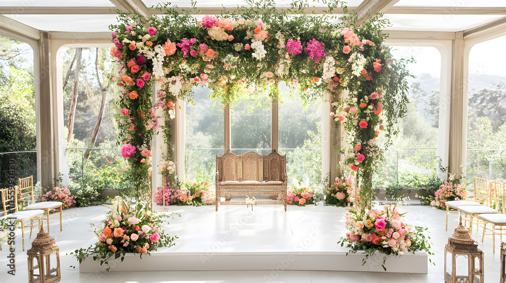 beautiful mandap adorned with vibrant flowers, creating romantic atmosphere beautiful mandap adorned with vibrant flowers, creating romantic atmosphere