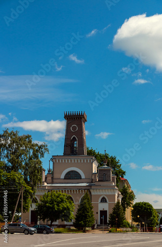 The 18th century eclectic town hall on a bright sunny day in the center of Chechersk, Gomel Region, Belarus photo