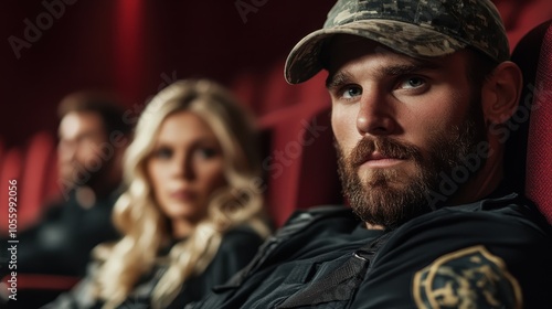 A group of three individuals in tactical gear sitting inside a dimly-lit movie theater, focused and attentive, suggesting a mission-oriented scene with suspense.