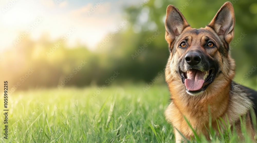 A joyful German Shepherd stands in a vibrant green field during sunset, portraying happiness, companionship, and the natural beauty of outdoor adventures with pets. A joyful German Shepherd stands in a vibrant green field during sunset, portraying happiness, companionship, and the natural beauty of outdoor adventures with pets.