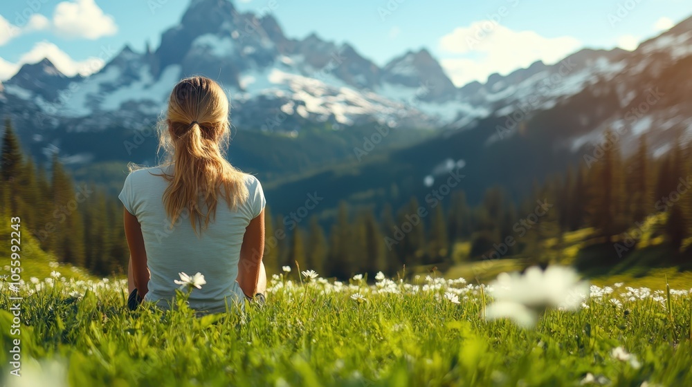 A woman sits in a lush meadow, surrounded by wildflowers, gazing at majestic snow-capped mountains under a clear blue sky, epitomizing serenity and wanderlust. A woman sits in a lush meadow, surrounded by wildflowers, gazing at majestic snow-capped mountains under a clear blue sky, epitomizing serenity and wanderlust.