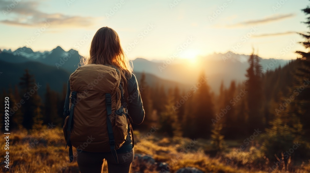 A lone backpacker stands with their back to the camera, taking in a breathtaking sunset over a forest-lined mountain range, capturing the essence of adventure and tranquility. A lone backpacker stands with their back to the camera, taking in a breathtaking sunset over a forest-lined mountain range, capturing the essence of adventure and tranquility.