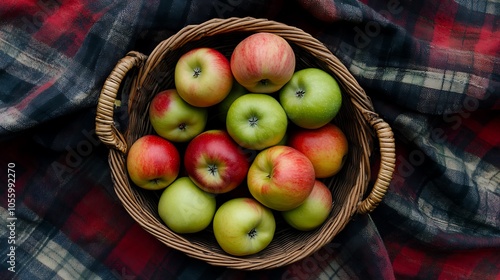  basket of freshly picked ftuits arranged on a picnic blanket photo