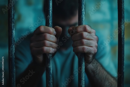 Close up of prisoner hands behind bars symbolizing justice, law, crime, and the quest for freedom