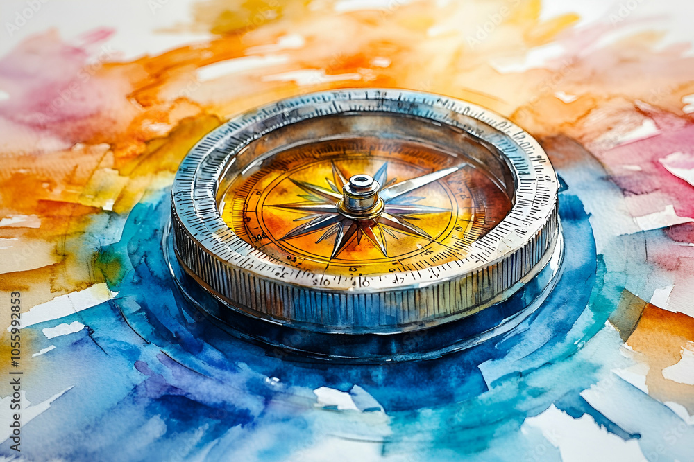 A vibrant watercolor painting featuring a compass set against a colorful abstract background.