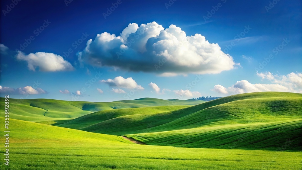 Serene summer landscape with rolling green hill and fluffy white clouds in a clear blue sky Serene summer landscape with rolling green hill and fluffy white clouds in a clear blue sky