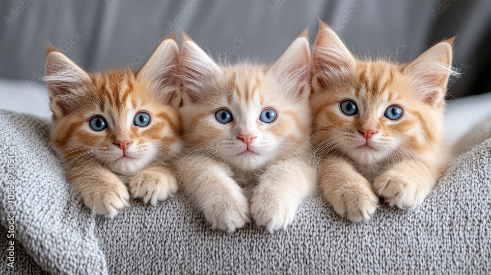 Two ginger kittens and one cream kitten repose on a grey knitted bedspread, displaying their curious expressions and undeniable cuteness in a harmonious arrangement. Two ginger kittens and one cream kitten repose on a grey knitted bedspread, displaying their curious expressions and undeniable cuteness in a harmonious arrangement.